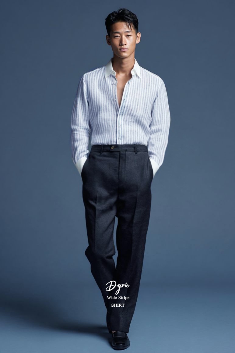 dgrie-wide-stripe-shirt copy เสื้อเชิ้ตลินิน Casual Linen Navy Two Tone White Collar Shirts