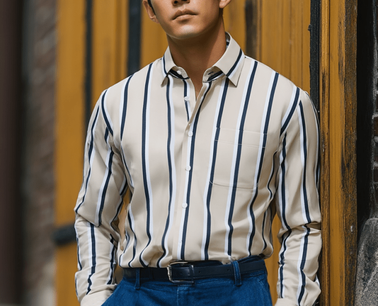 เสื้อเชิ้ตลายทางสีครีม Double Stripe 2 Tone Light Beige Shirts