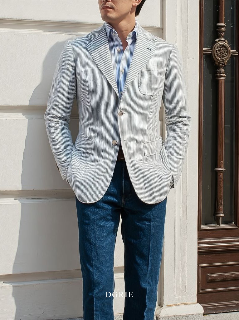 seersucker 112 DGRIE Light Gray Seersucker Unlining Sport Jacket
