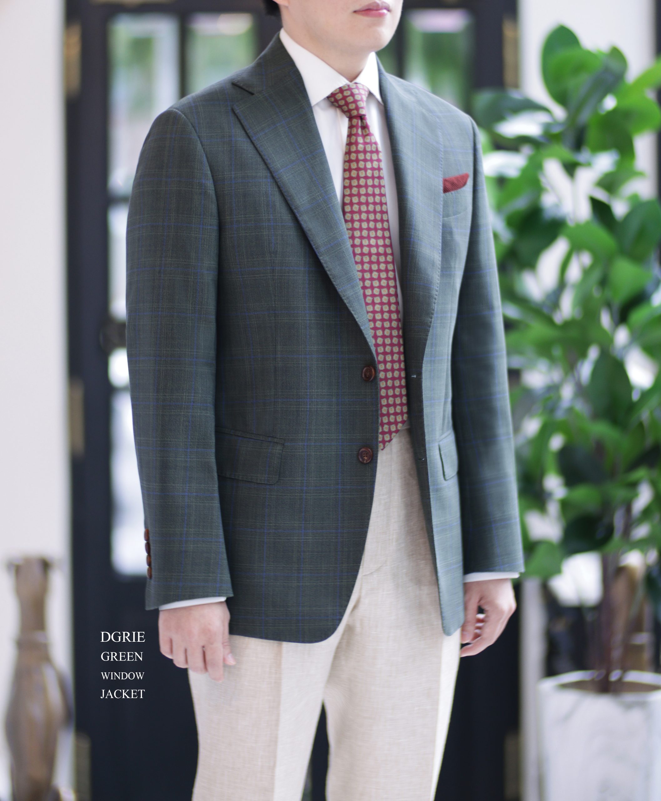 ตัดสูทสีเขียวลายตาราง DGRIE SAGE GREEN UNLINING JACKET