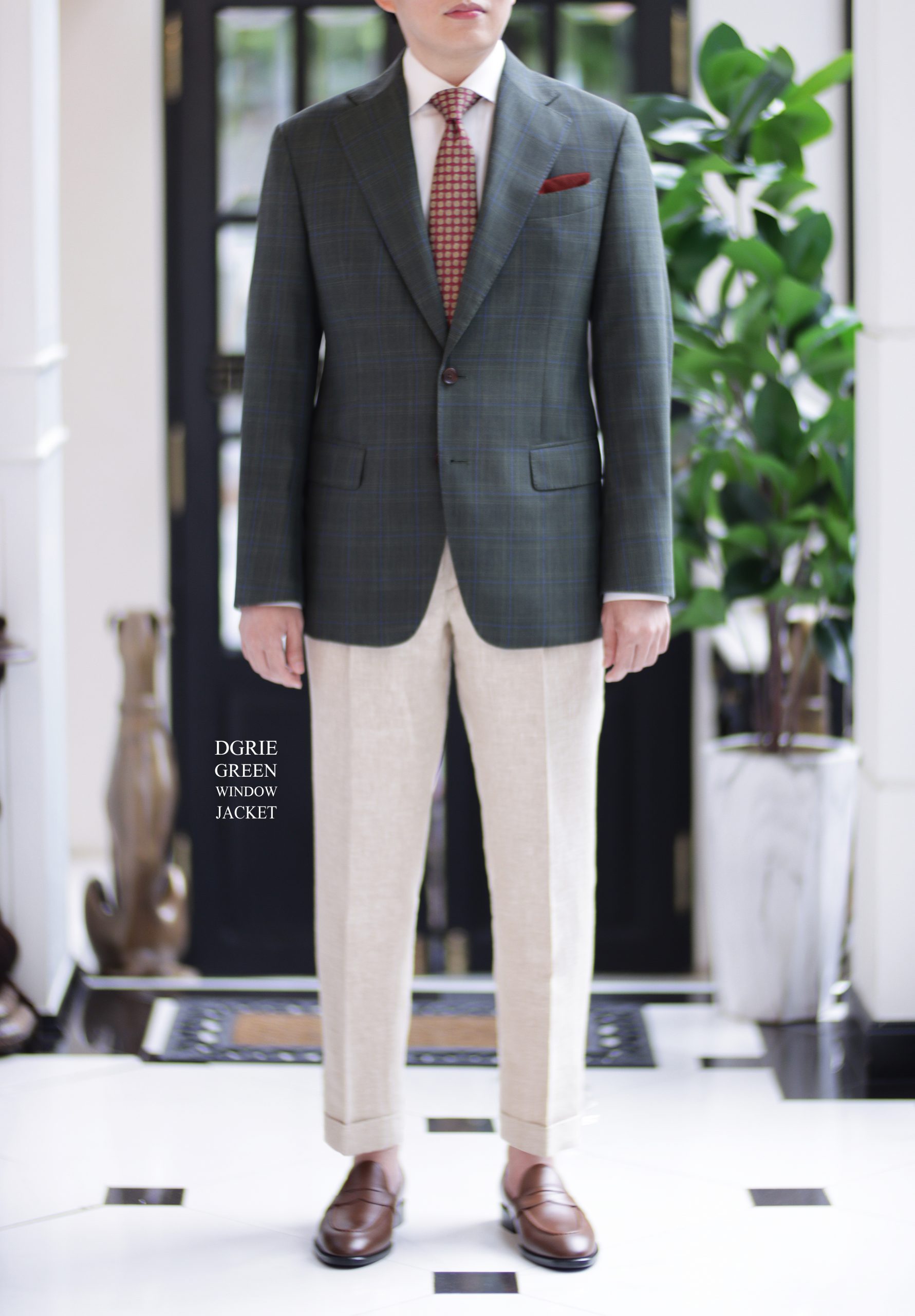 ตัดสูทสีเขียวลายตาราง DGRIE SAGE GREEN UNLINING JACKET