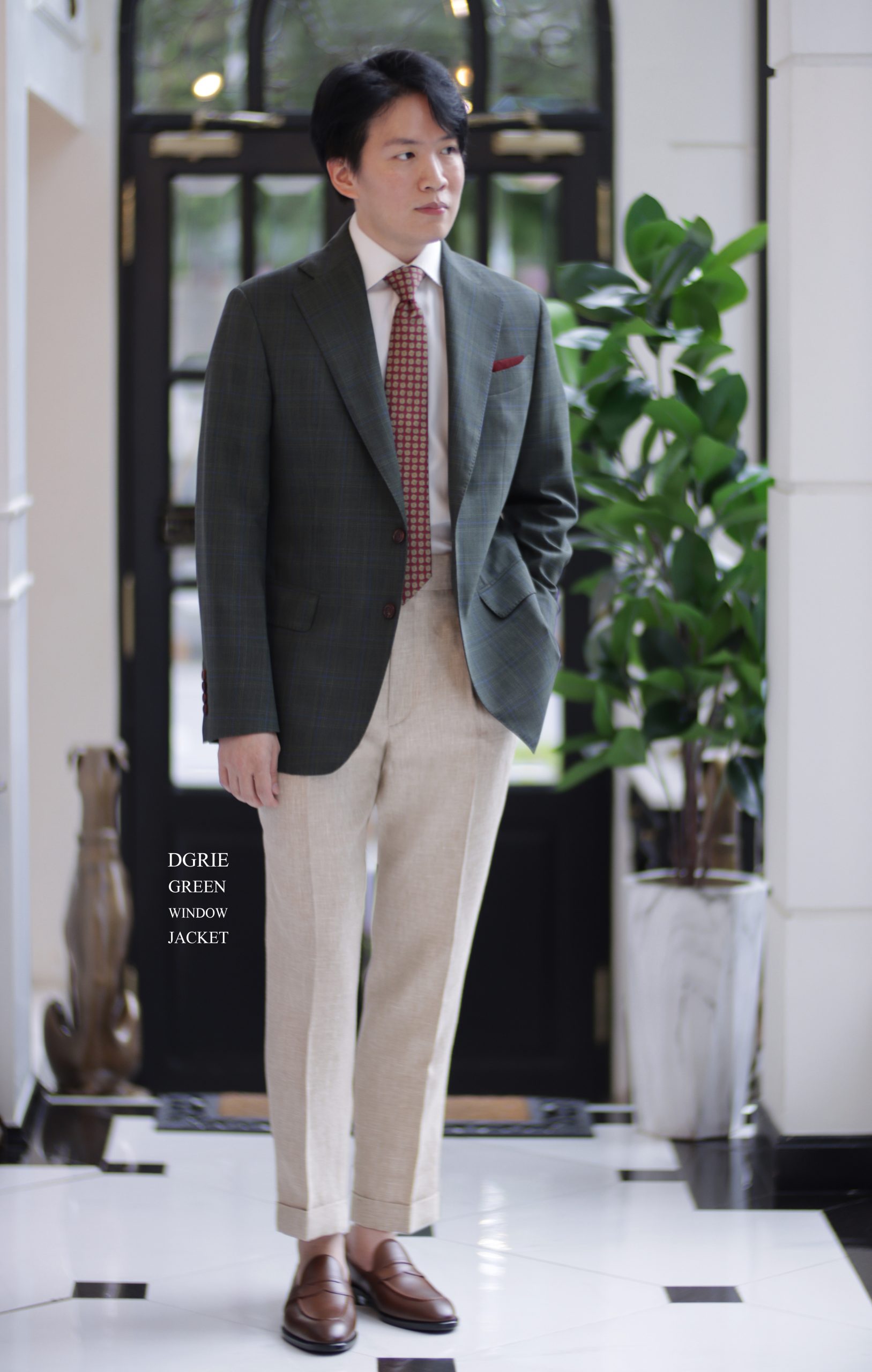 ตัดสูทสีเขียวลายตาราง DGRIE SAGE GREEN UNLINING JACKET