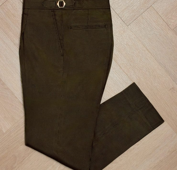 กางเกงผู้ชาย Bronze Olive Micro Houndstooth Wool & Satin B/W Pants
