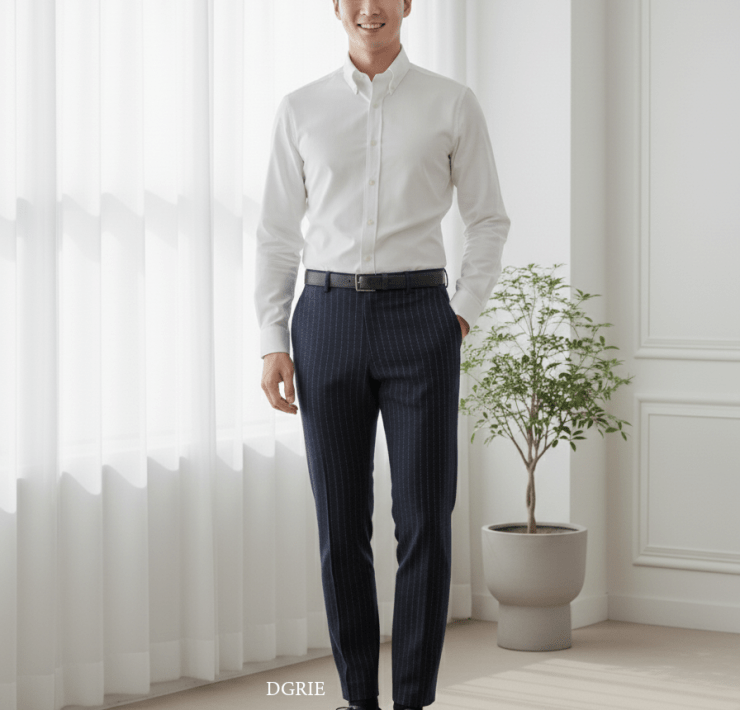 Navy Blue Stripe Dot Blend Wool Pants - DGRIE