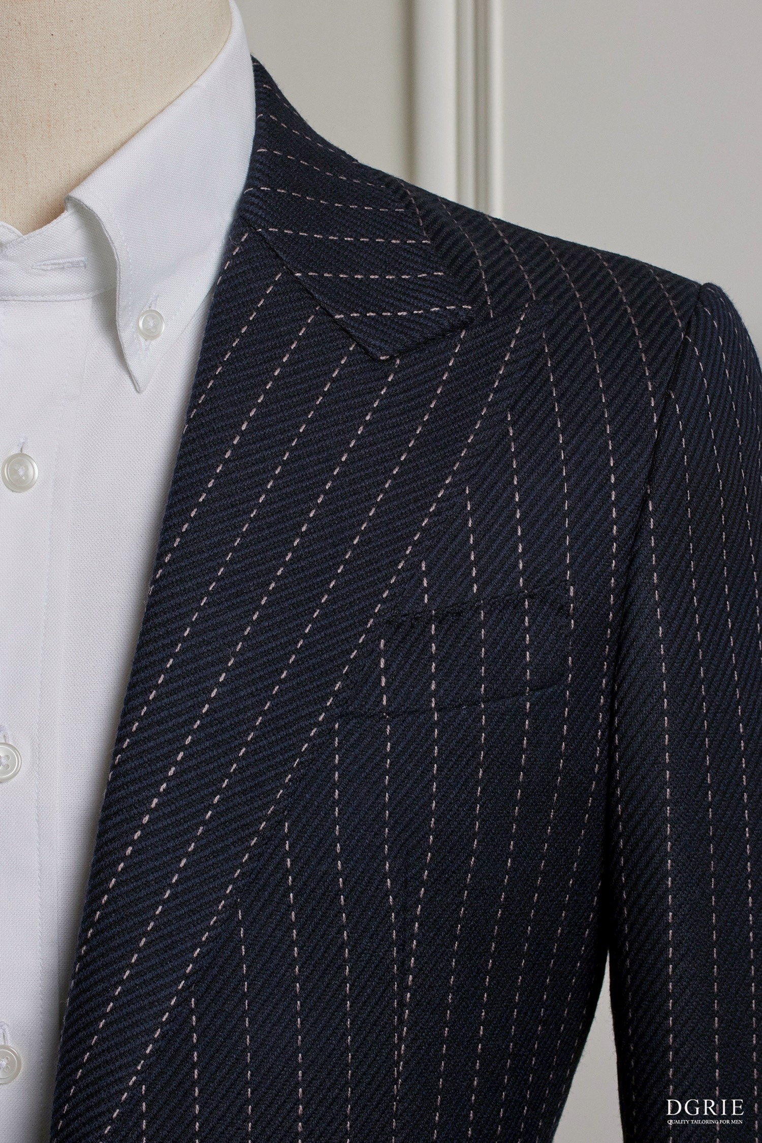 Navy Blue Stripes Dot Blend Wool Patch Poket Half lining suit