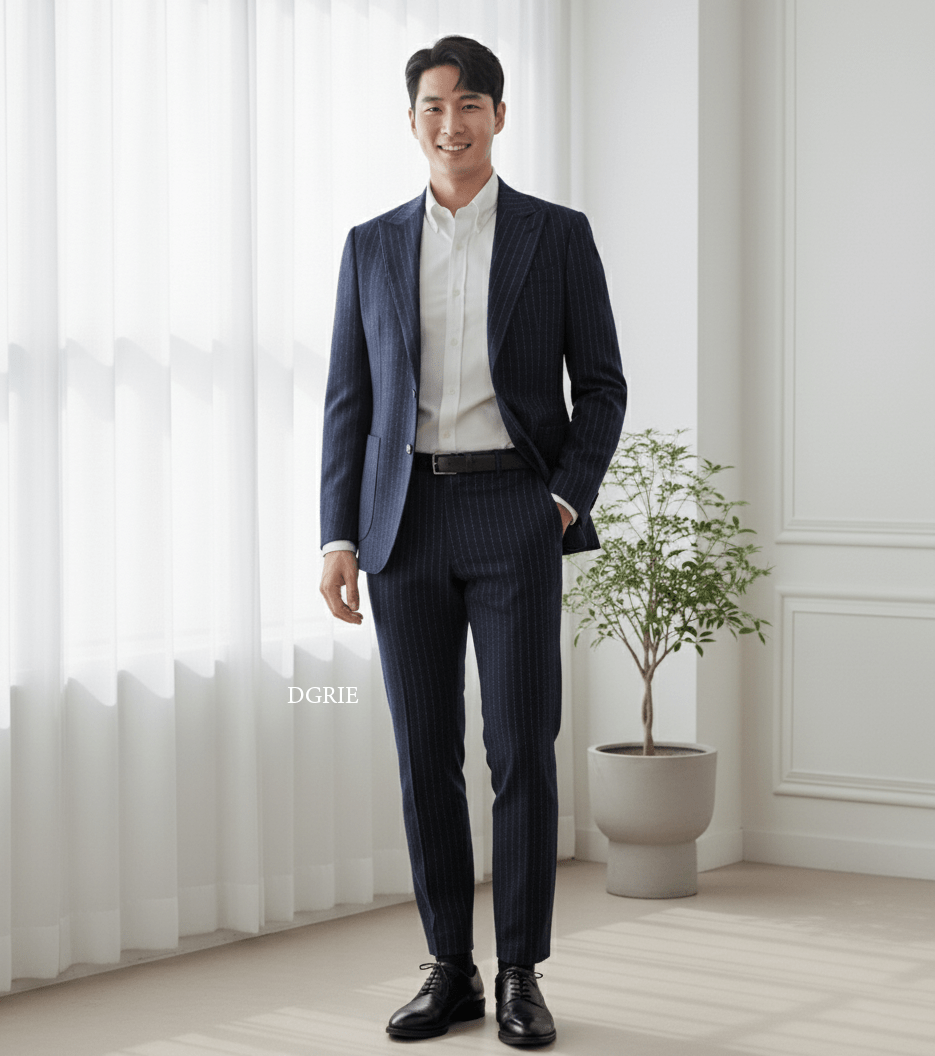 Navy Blue Stripes Dot Blend Wool Patch Poket Half lining suit