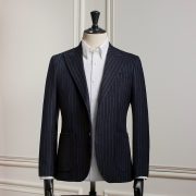 Navy Blue Stripes Dot Blend Wool Patch Poket Half lining suit