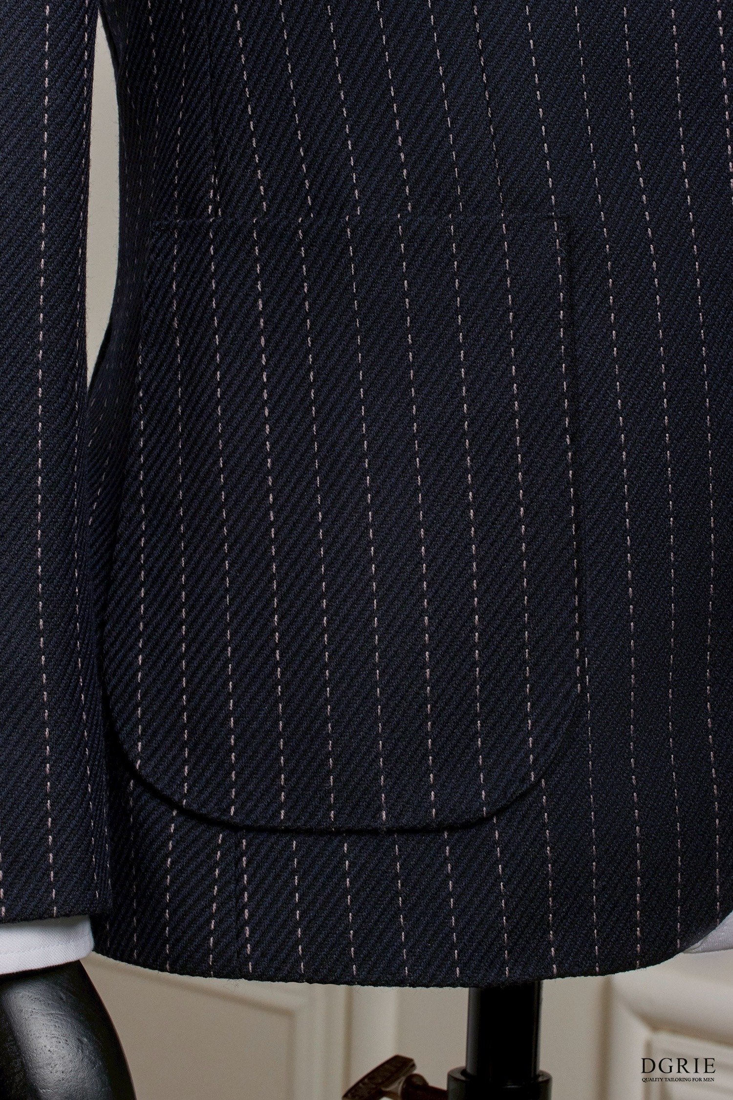 Navy Blue Stripes Dot Blend Wool Patch Poket Half lining suit