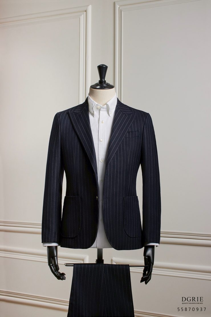 Navy Blue Stripes Dot Blend Wool Patch Poket Half lining suit
