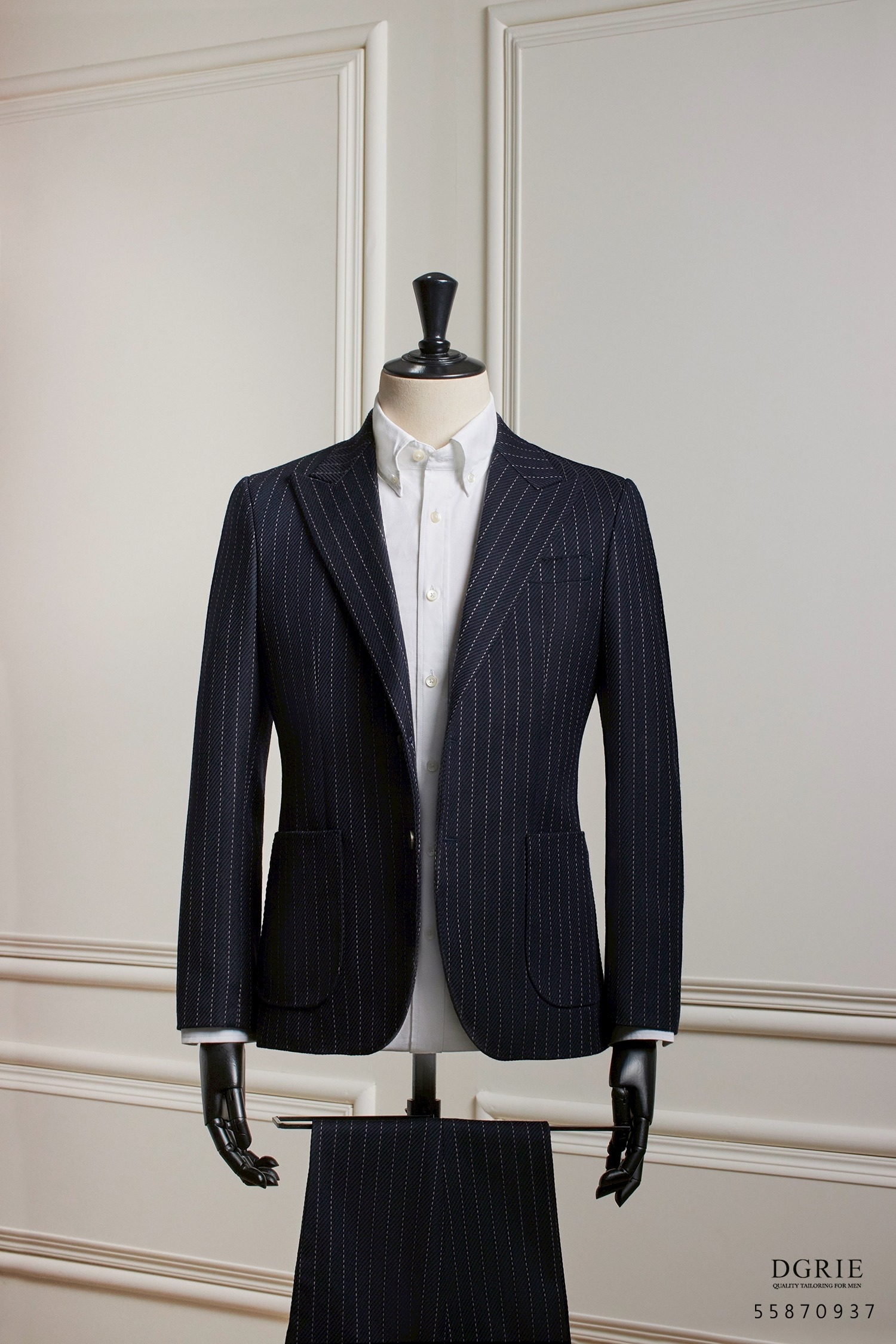 Navy Blue Stripes Dot Blend Wool Patch Poket Half lining suit