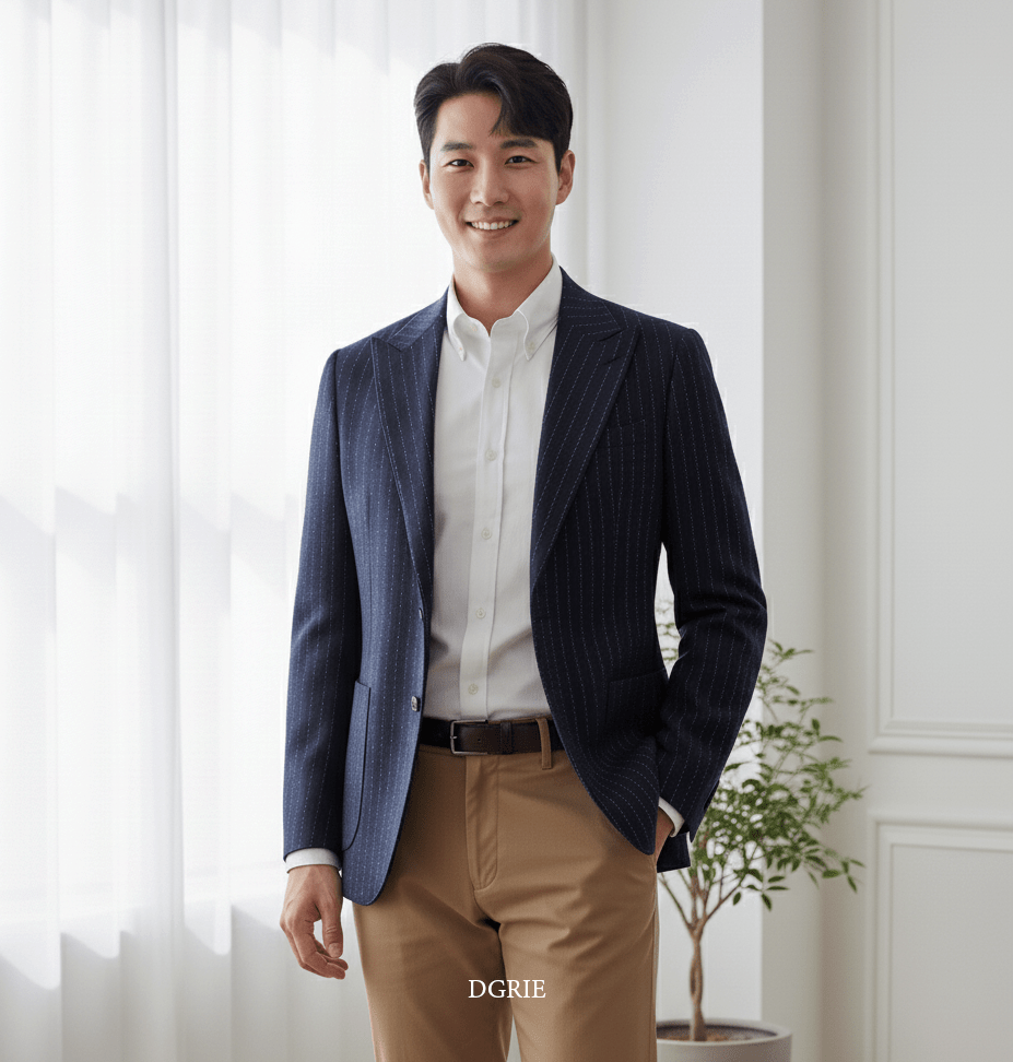 Navy Blue Stripes Dot Blend Wool Patch Poket Half lining suit