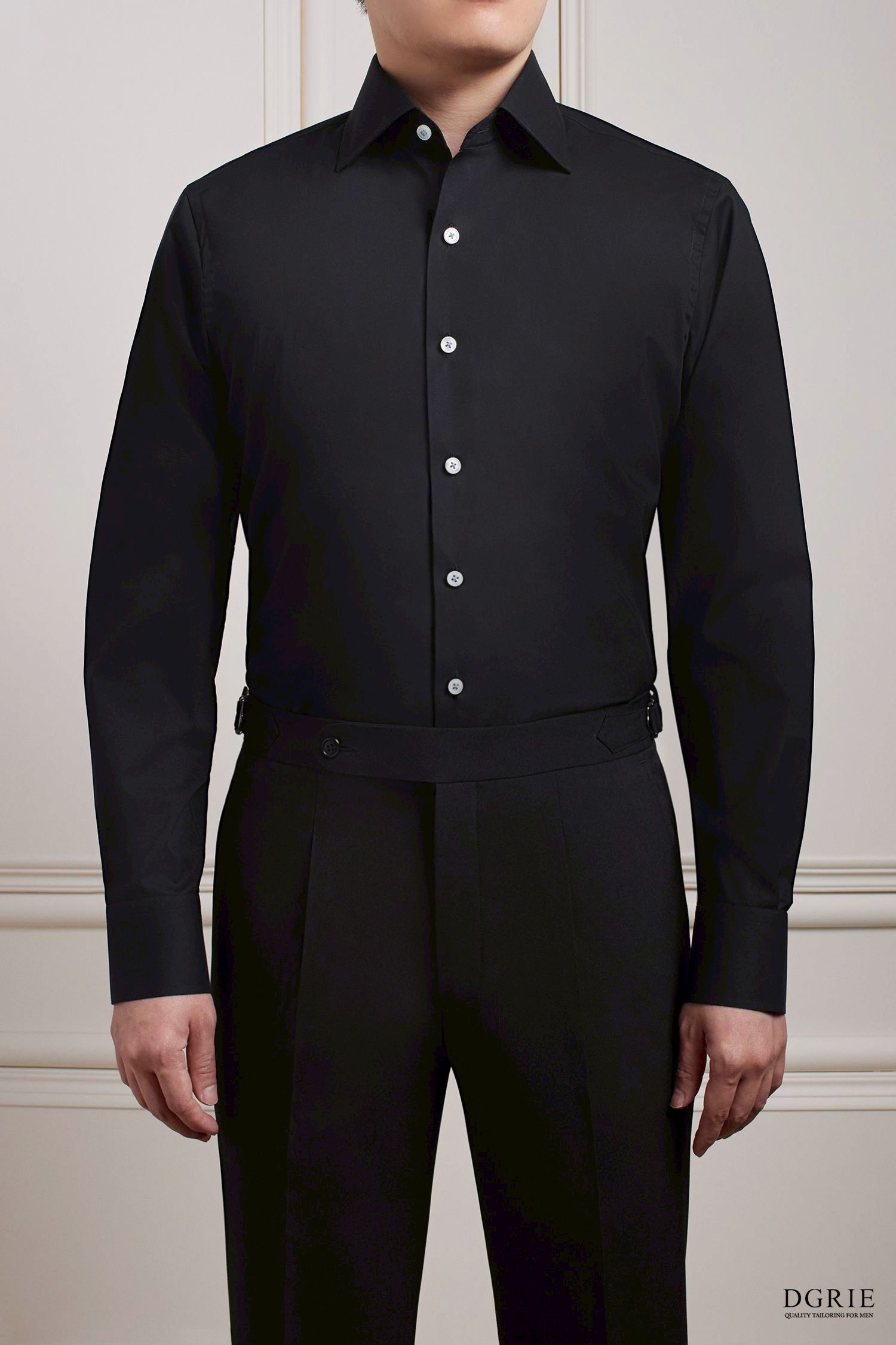 AD52D555-AFBA-4E62-A550-D4B156E0674D Noir Black B/N Spared Collar White Button Cotton Shirt - DGRIE