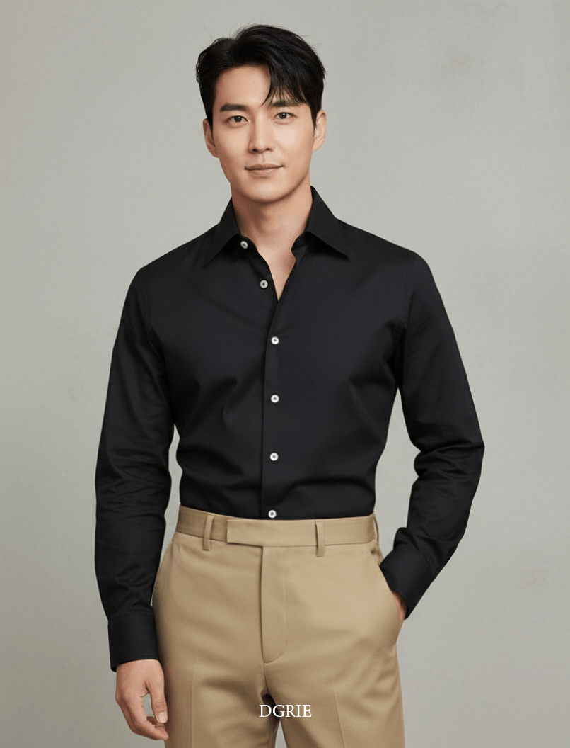 black4-1 Noir Black B/N Spared Collar White Button Cotton Shirt - DGRIE