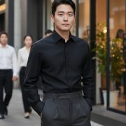 เสื้อเชิ้ตสีดำสาบซ่อนกระดุม Black Cotton Spandex Hidden Placket Spread Collar Shirt