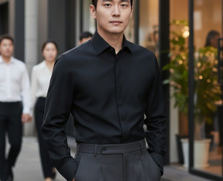 เสื้อเชิ้ตสีดำสาบซ่อนกระดุม Black Cotton Spandex Hidden Placket Spread Collar Shirt