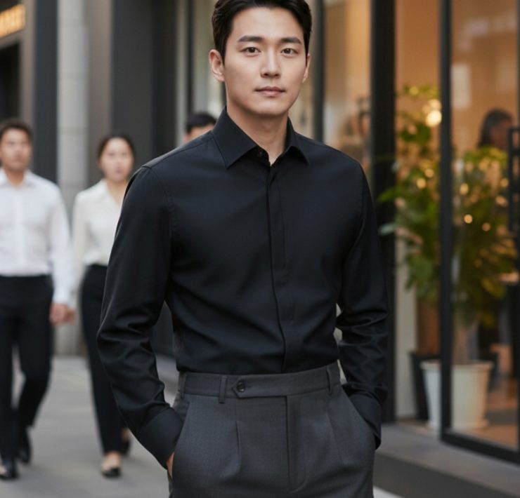 เสื้อเชิ้ตสีดำสาบซ่อนกระดุม Black Cotton Spandex Hidden Placket Spread Collar Shirt 4 เสื้อเชิ้ตสีดำสาบซ่อนกระดุม Black Cotton Spandex Hidden Placket Spread Collar Shirt