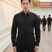 เสื้อเชิ้ตสีดำ - Super Black Cotton MOP Button Spread Collar Shirt