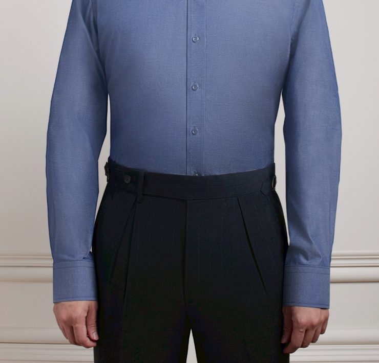 เสื้อเชิ้ตสีฟ้า Indigo Blue Round Spread Collar Oxford Cotton Linen Shirt