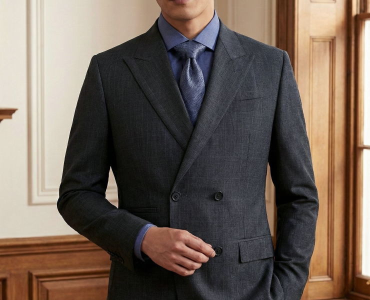 Dark Gray Wool Glen Check Double-Breasted Peak Lapel Jacket