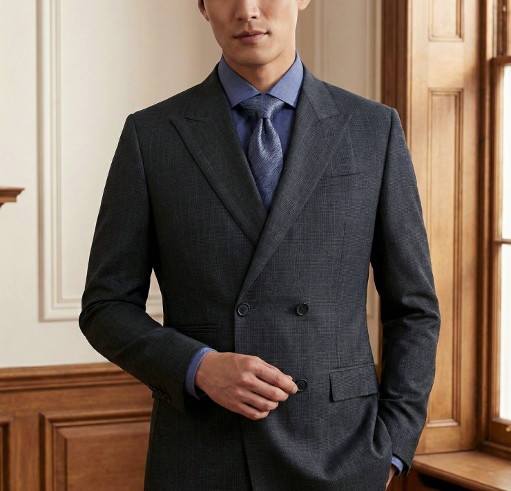 Dark Gray Wool Glen Check Double-Breasted Peak Lapel Jacket