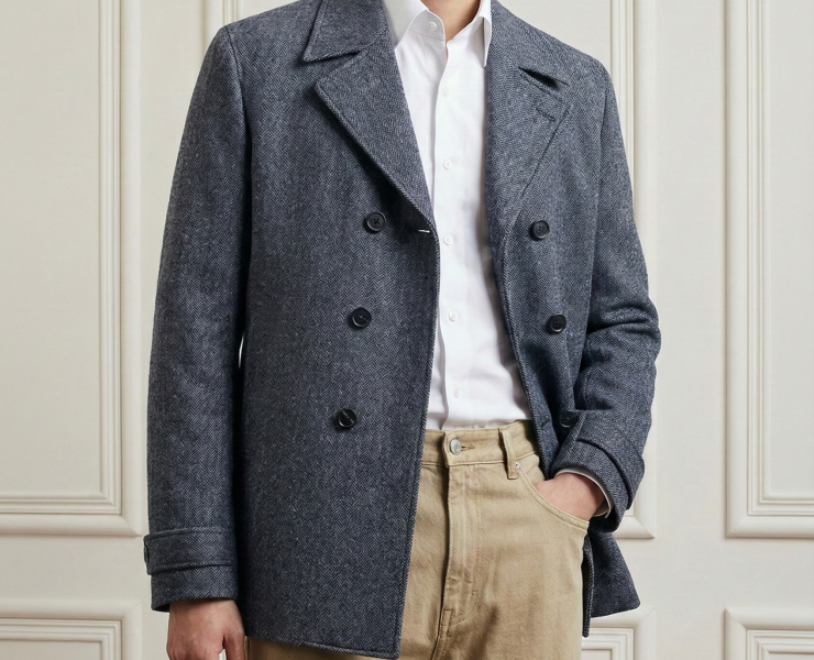 เสื้อโค้ทกันหนาว PeaCoat Dark Gray Herringbone 6 Botton Flannel Wool