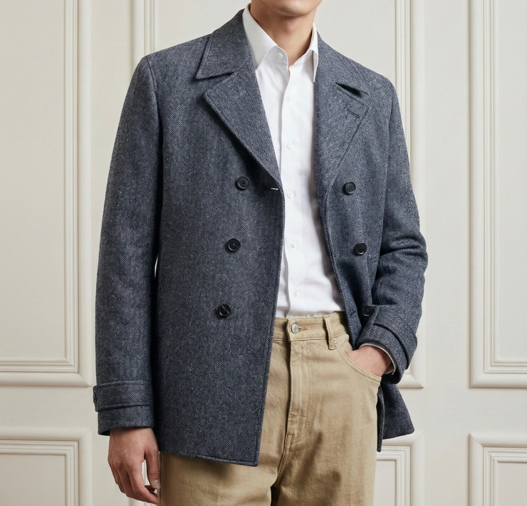 เสื้อโค้ทกันหนาว PeaCoat Dark Gray Herringbone 6 Botton Flannel Wool