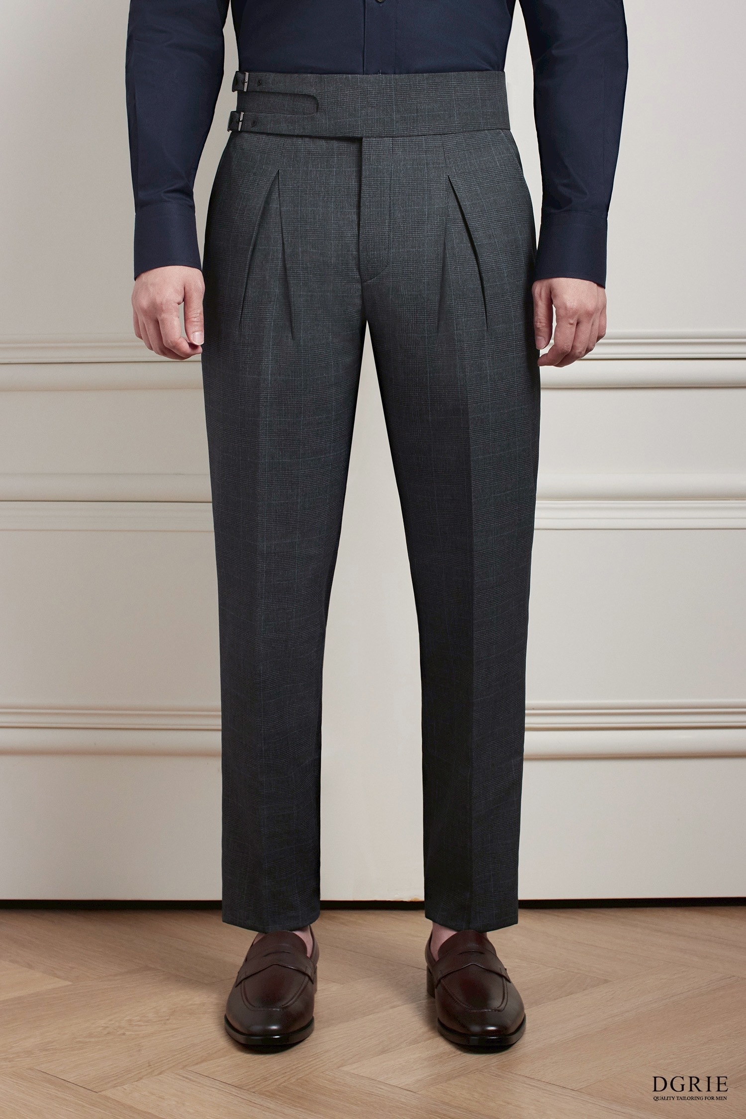 กางเกง Check Dark Grey Classic Twin Belts Side Adjuster Wool Pants