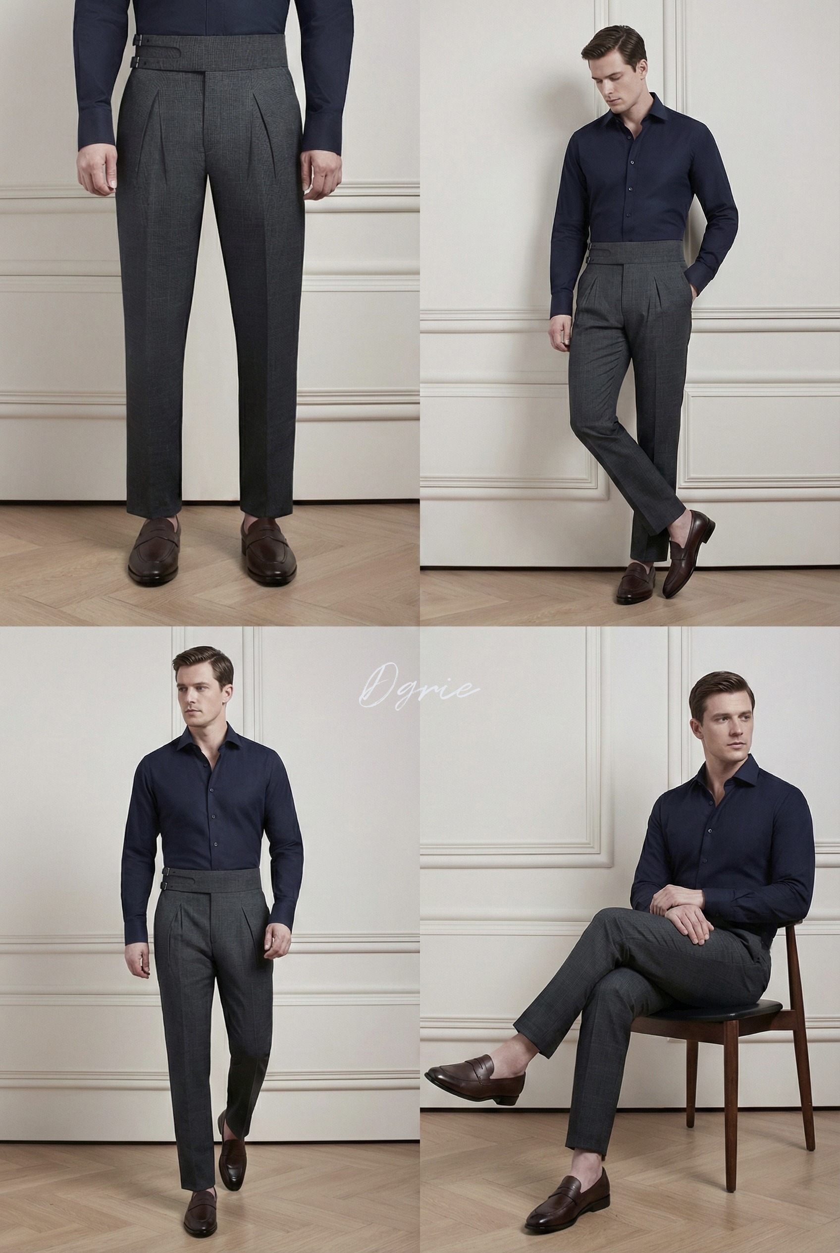 กางเกง Check Dark Grey Classic Twin Belts Side Adjuster Wool Pants