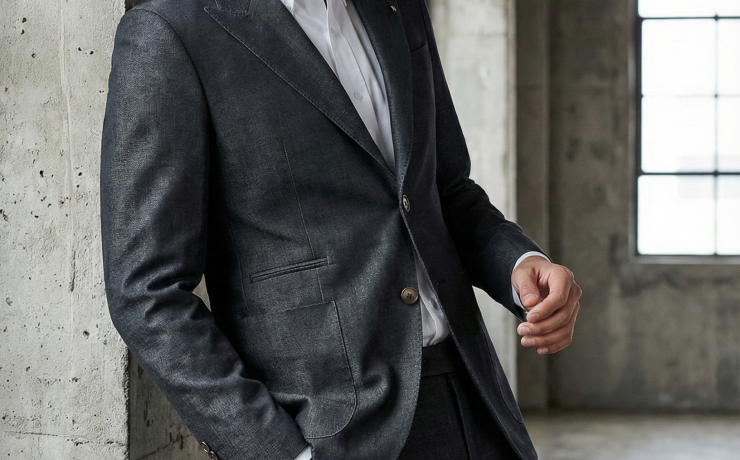 เสื้อสูท Dark Grey Wool&Silk Peak Lapel X Silver Pin Jacket