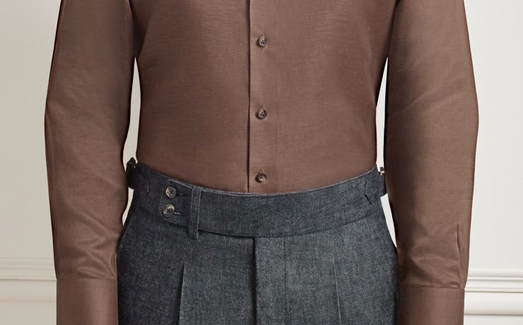 Brown Tencel linen Tortoise Shell Buttons Cutaway Collar Shirt 53 Brown Tencel linen Tortoise Shell Buttons Cutaway Collar Shirt