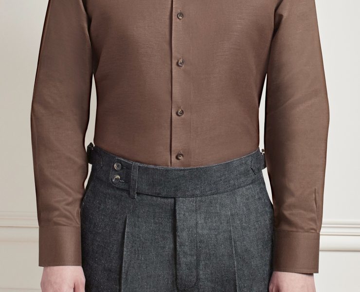 Brown Tencel linen Tortoise Shell Buttons Cutaway Collar Shirt