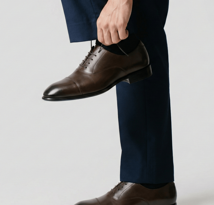 Navy Pants - Brown Round Cap Toe Oxford Shoes 7 Navy Pants - Brown Round Cap Toe Oxford Shoes