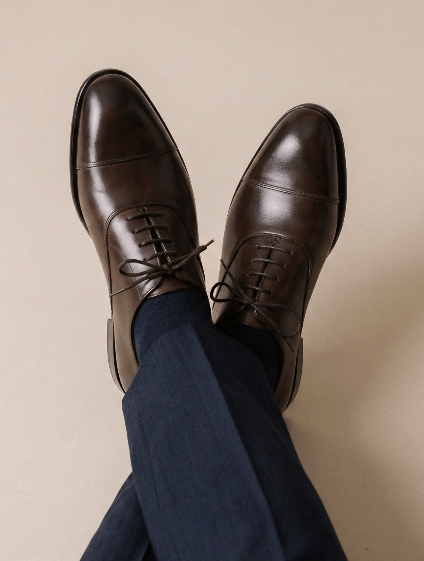 Navy Pants - Brown Round Cap Toe Oxford Shoes