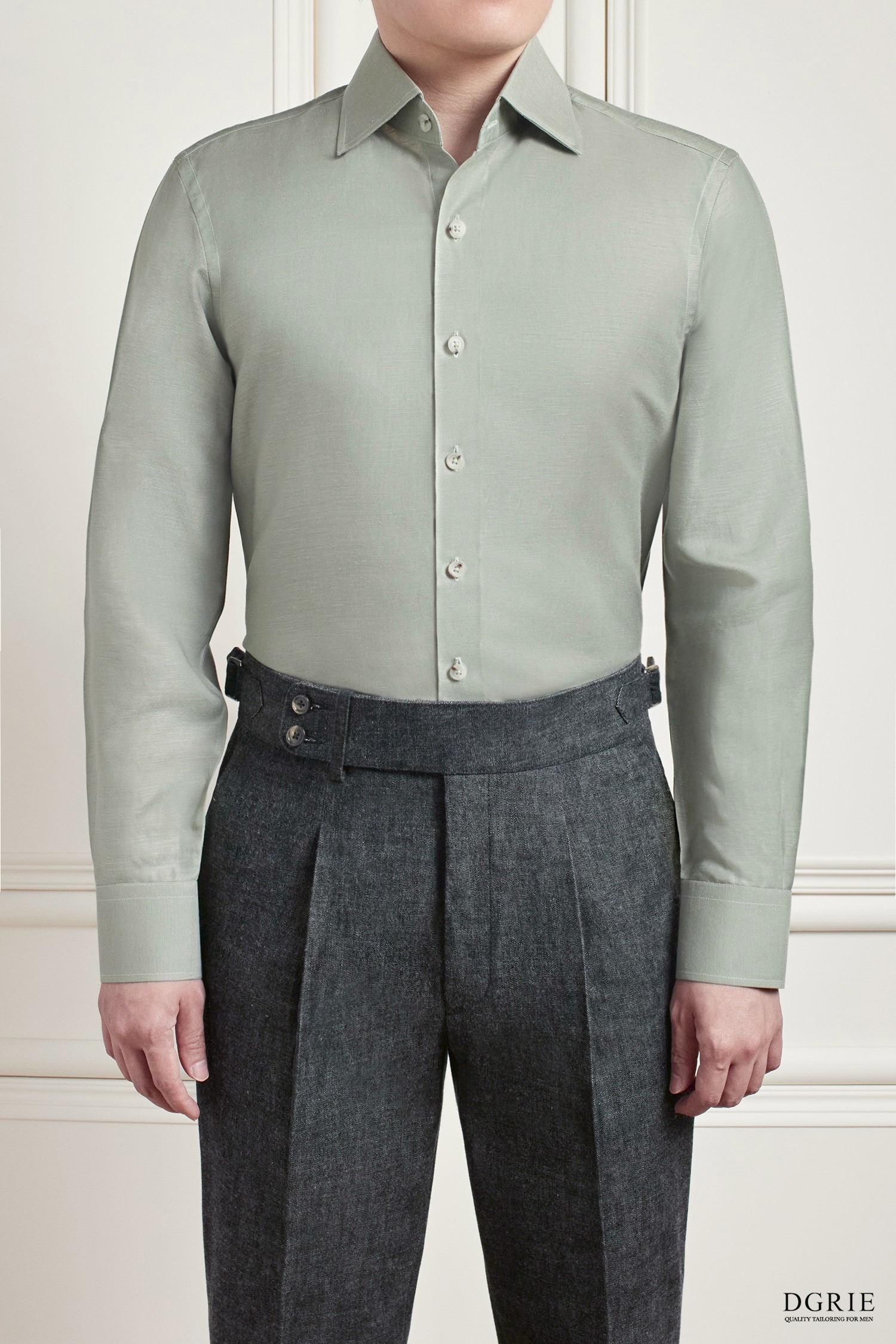 Sage Green Tencel Linen Tortoise Shell Buttons Cutaway Collar Shirt