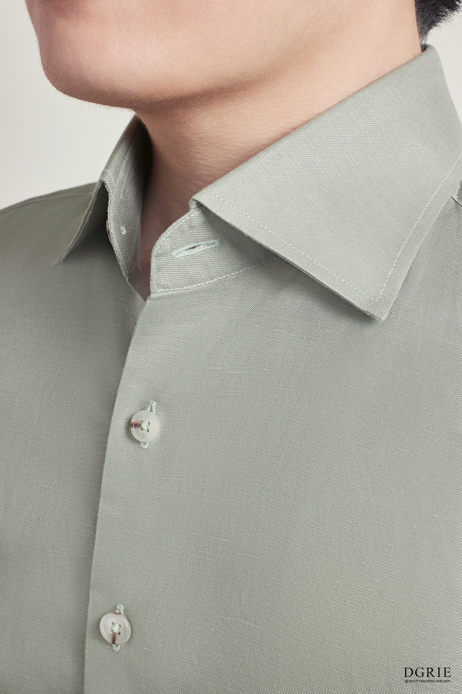 Sage Green Tencel Linen Tortoise Shell Buttons Cutaway Collar Shirt