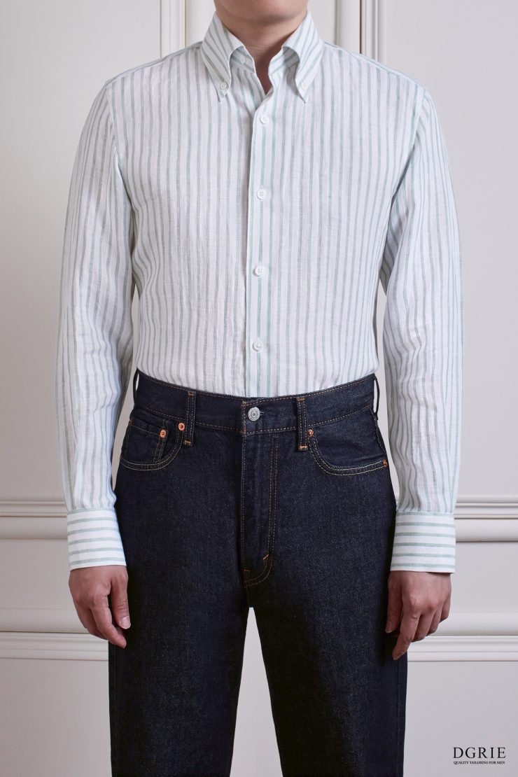 DGRIE Olive Green Poland linen Stipe Button down Shirt