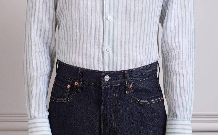 DGRIE Olive Green Poland linen Stipe Button down Shirt