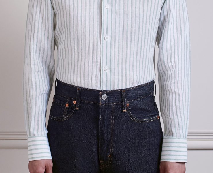 DGRIE Olive Green Poland linen Stipe Button down Shirt