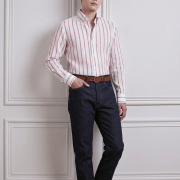 DGRIE - เสื้อเชิ้ต Coral Red Stripe Poland Linen 2.5cm Button-Down Collar Shirt