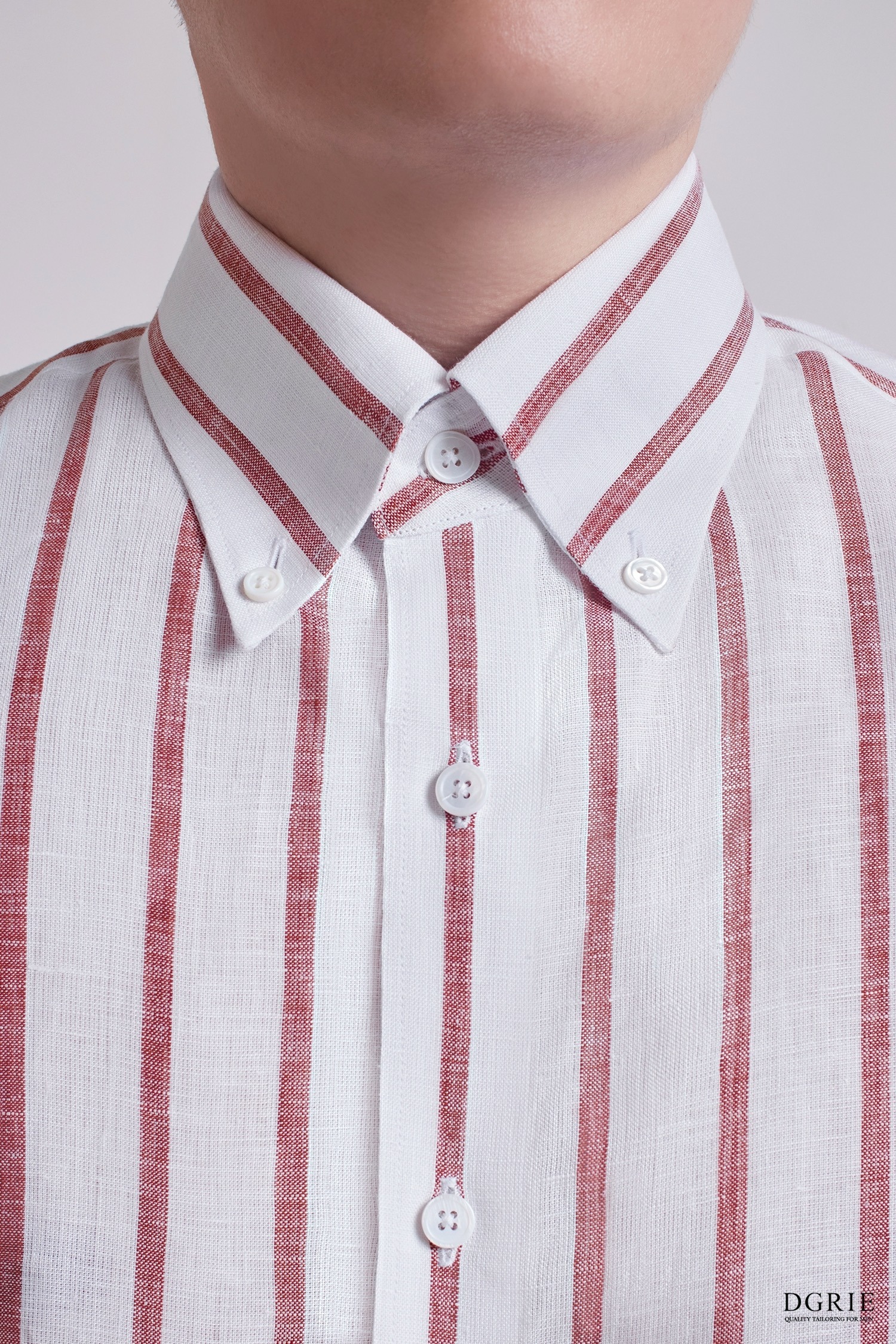 DGRIE - เสื้อเชิ้ต Coral Red Stripe Poland Linen 2.5cm Button-Down Collar Shirt