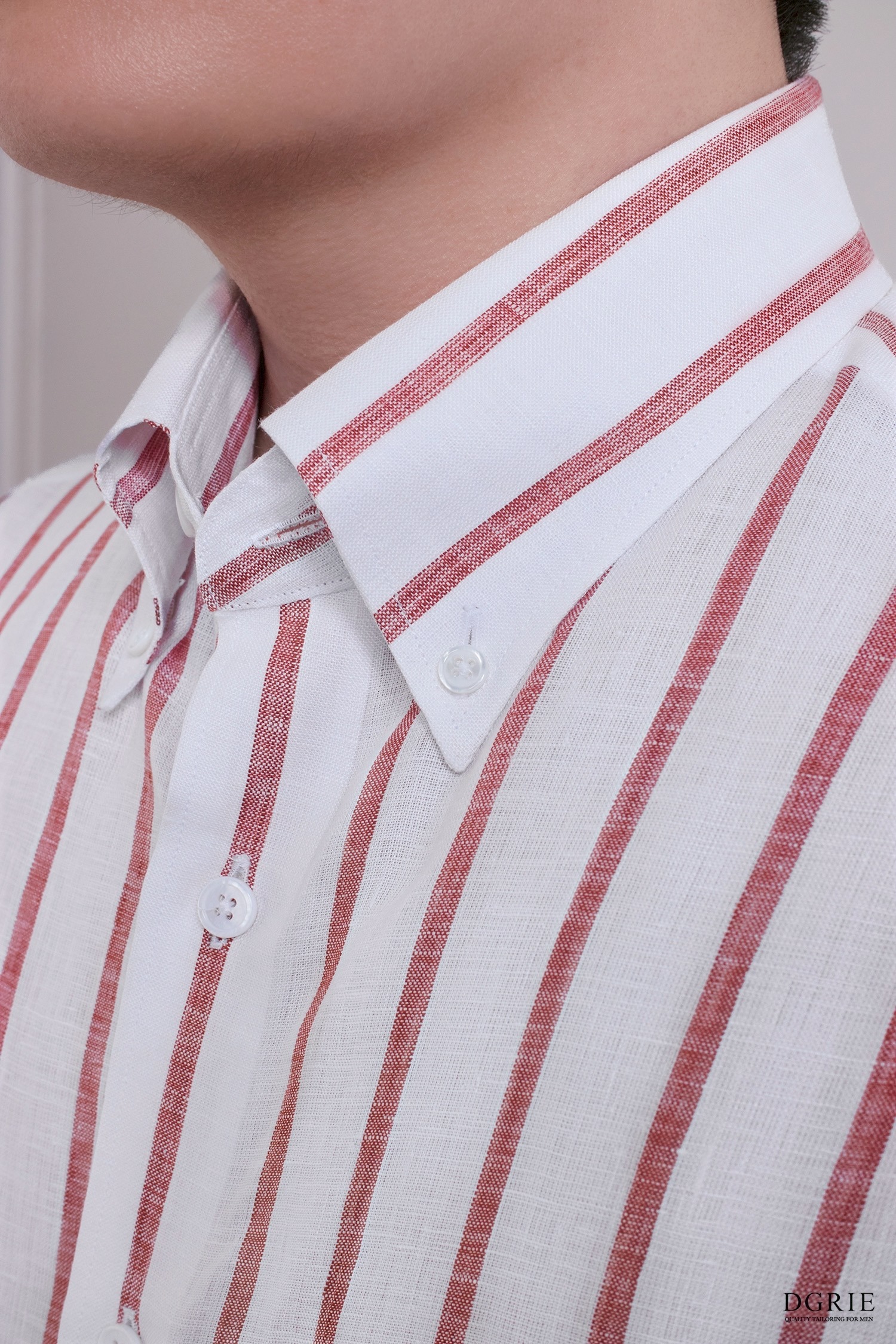 DGRIE - เสื้อเชิ้ต Coral Red Stripe Poland Linen 2.5cm Button-Down Collar Shirt