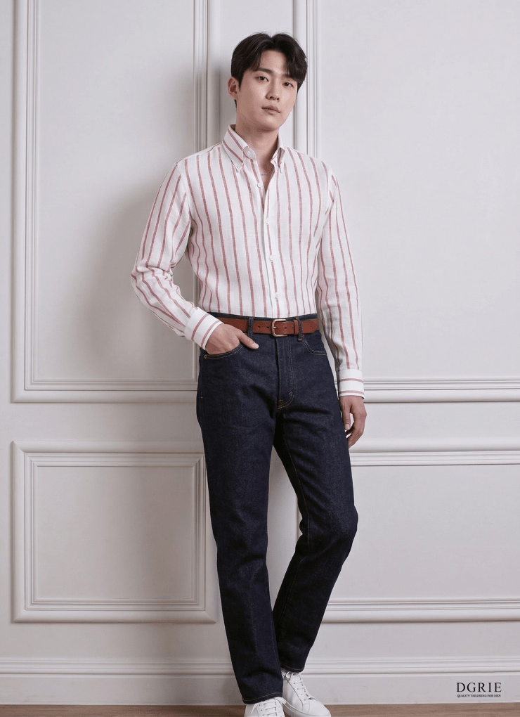 DGRIE - เสื้อเชิ้ต Coral Red Stripe Poland Linen 2.5cm Button-Down Collar Shirt