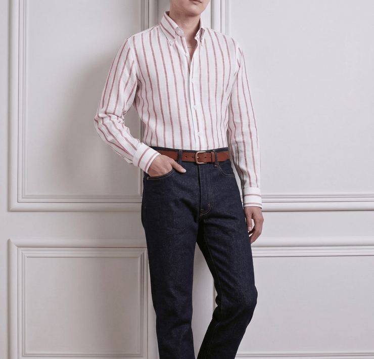 DGRIE - เสื้อเชิ้ต Coral Red Stripe Poland Linen 2.5cm Button-Down Collar Shirt