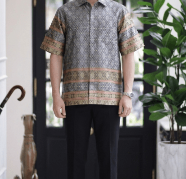 DGRIE Thai Silk Short Grey & Yellow Sleeve Shirt เสื้อเชิ้ตแขนสั้นผ้าไหมทอลายไทย