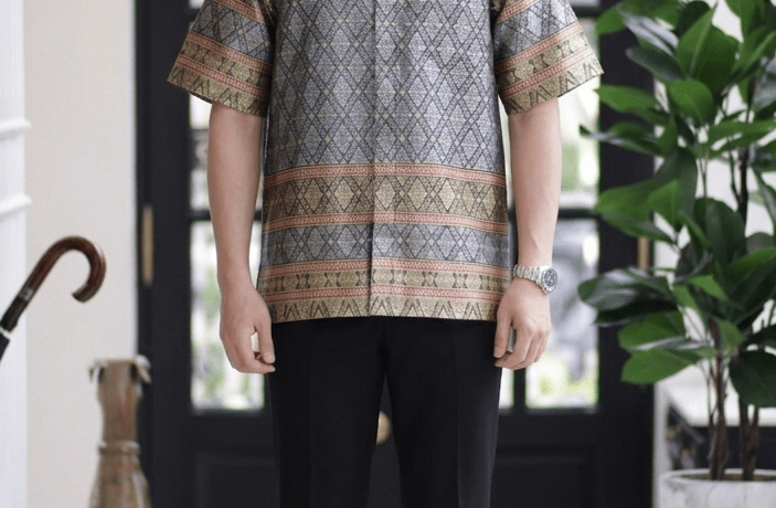 DGRIE Thai Silk Short Grey & Yellow Sleeve Shirt เสื้อเชิ้ตแขนสั้นผ้าไหมทอลายไทย