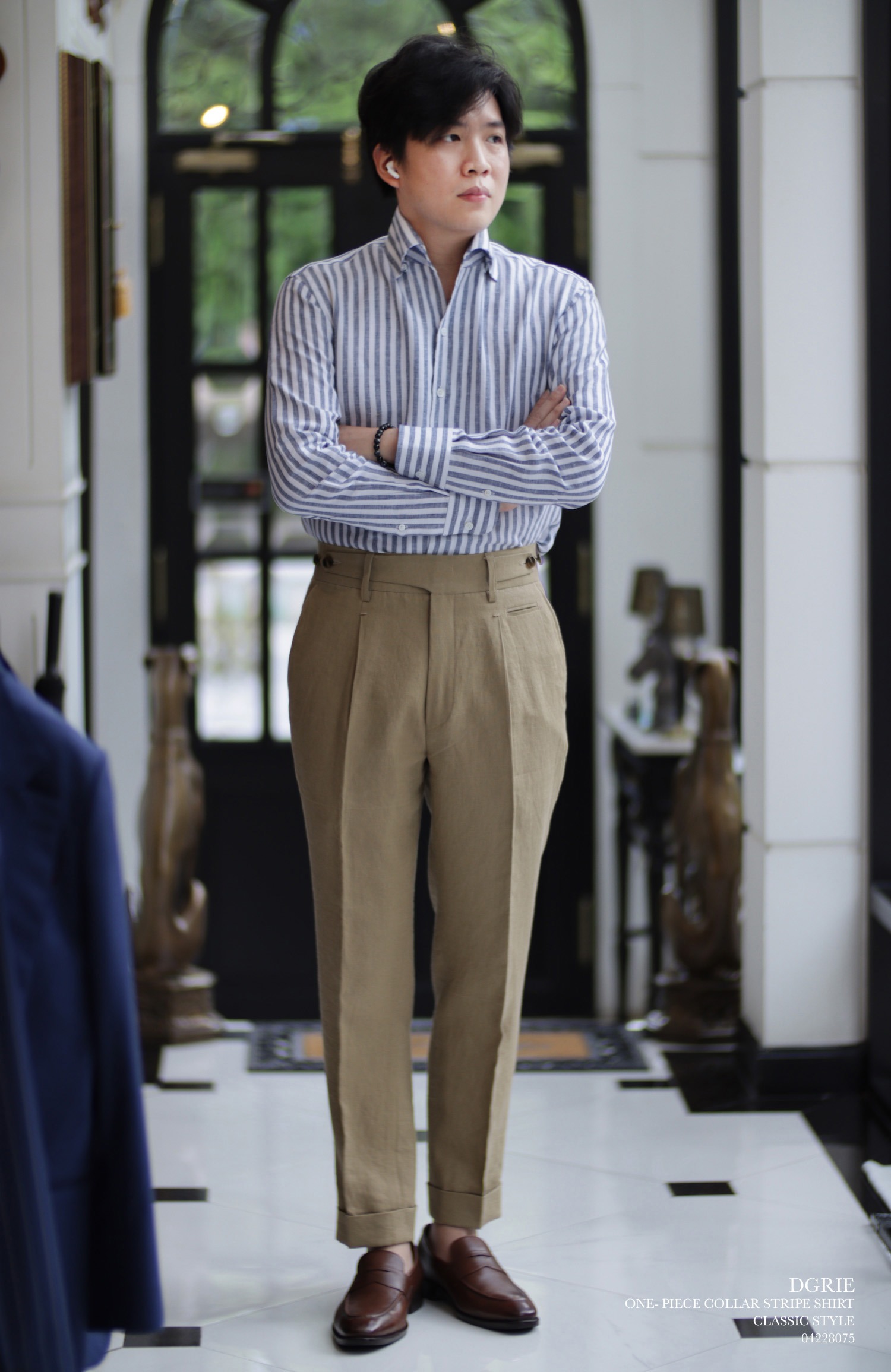 one piece collar linen navy strip shirt dgrie 4