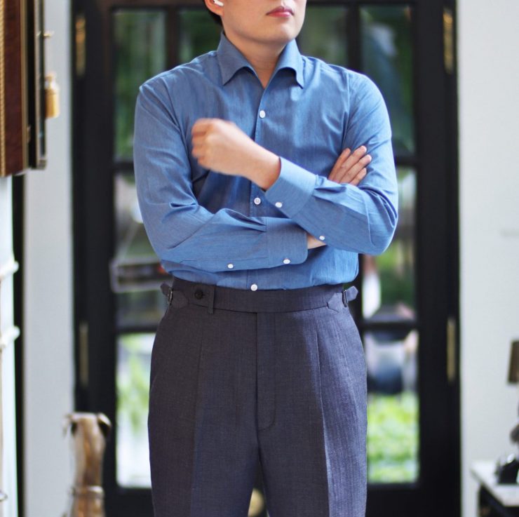 striped blue jacket denim shirt grey pants dgrie