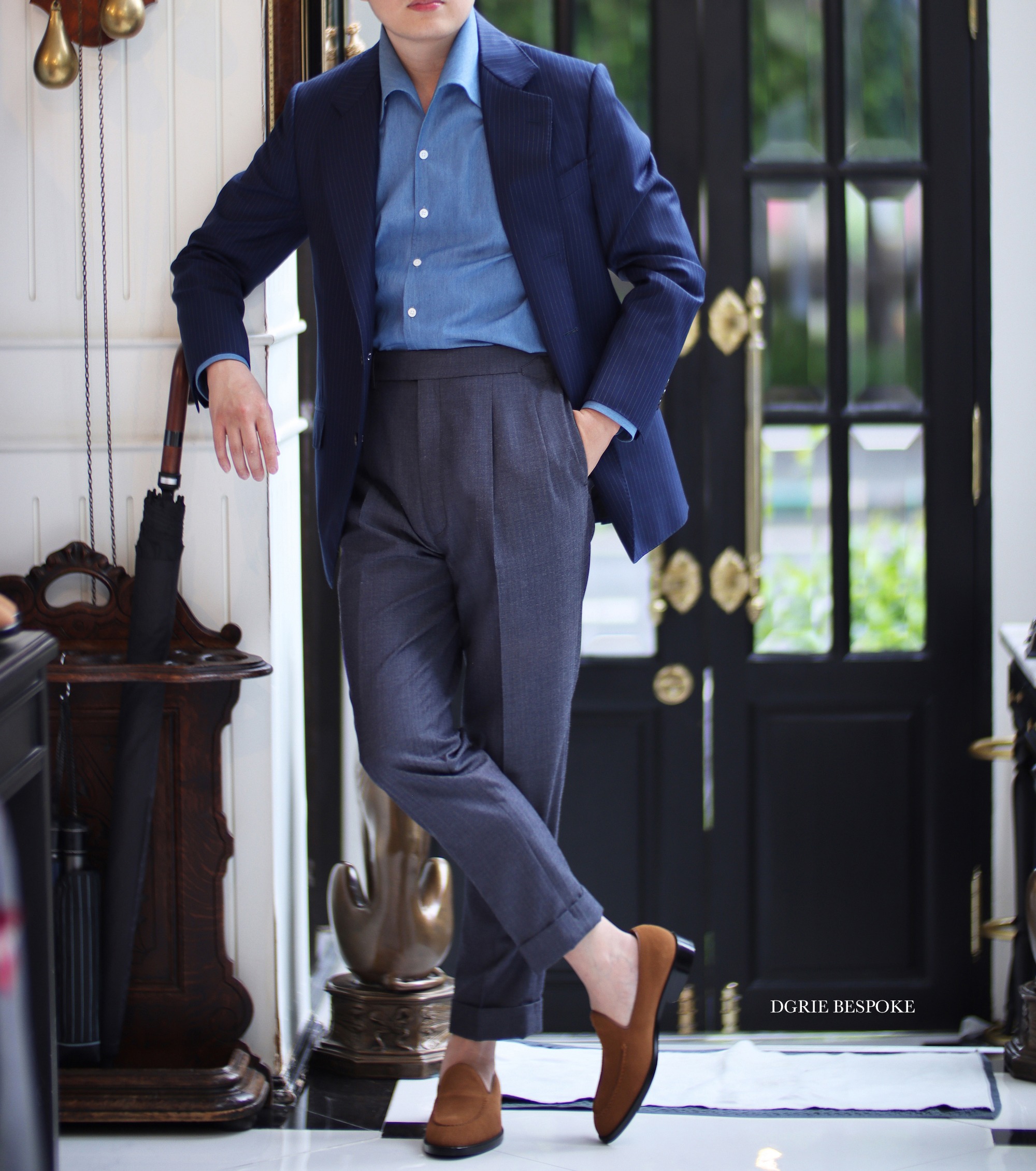 striped blue jacket denim shirt grey pants dgrie