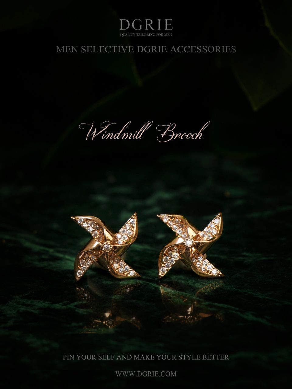 เข็มกลัดติดปกสูท กังหันลมสีทองสี่แฉก DGRIE Golden Wind Turbine Sparkle Brooch