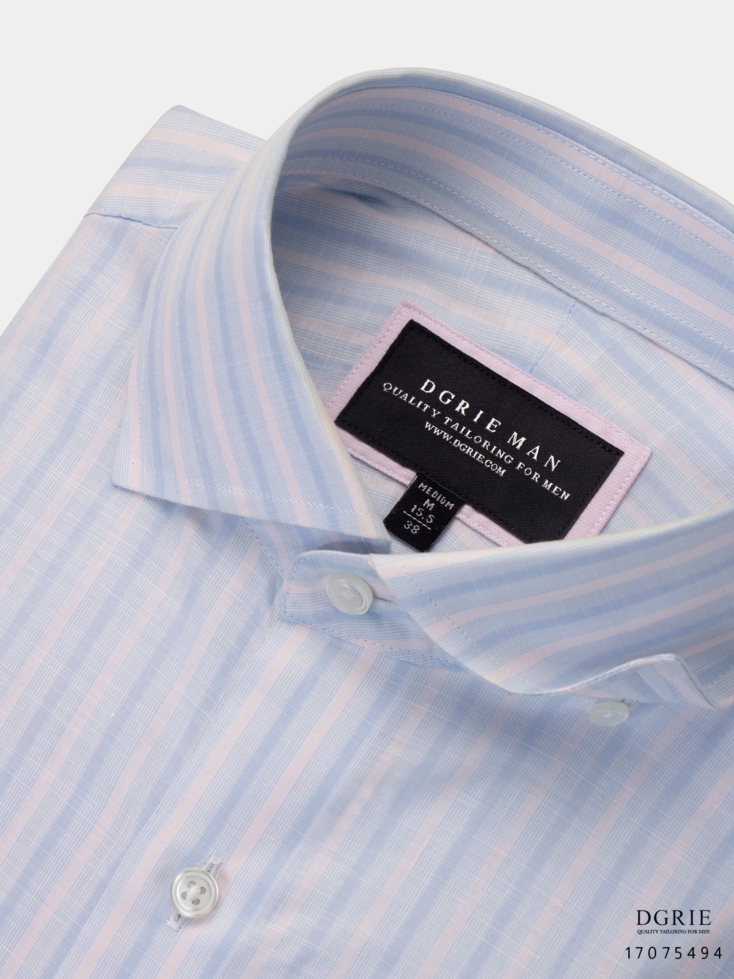 เสื้อเชิ้ตแขนยาว สีฟ้าอ่อนตัดสลับลายขาวชมพู 3 Tone Linen Striped Shirt